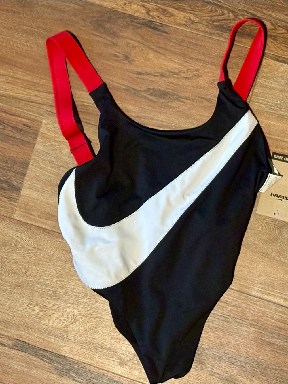 Nike Swim Women's Swoosh / Scoop Neck 1-Piece Swimsuit in the Black colorway.